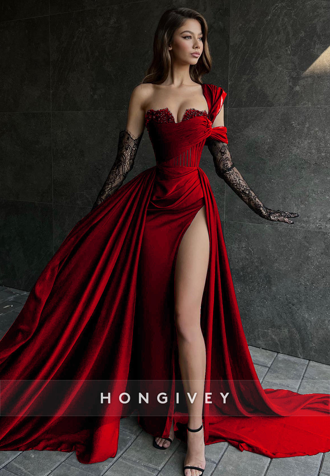 Sexy Illusion Asymmetrical Lace Sleeves With Train and High Slit Party Prom Formal Evening Dress