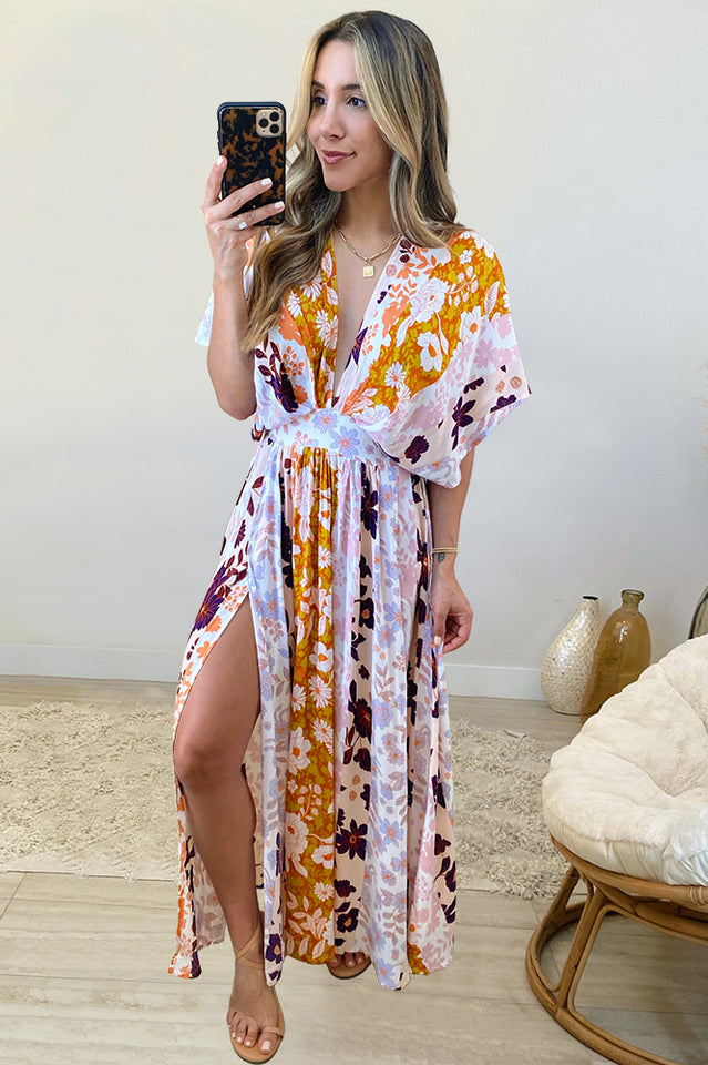 Leopard Print Plunge Neck Kimono Sleeve Slit Maxi Dress 9