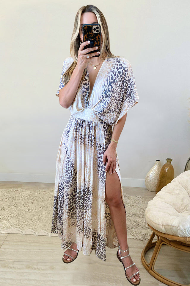 Leopard Print V-Neck Short-Sleeve Bohemian Maxi Dress