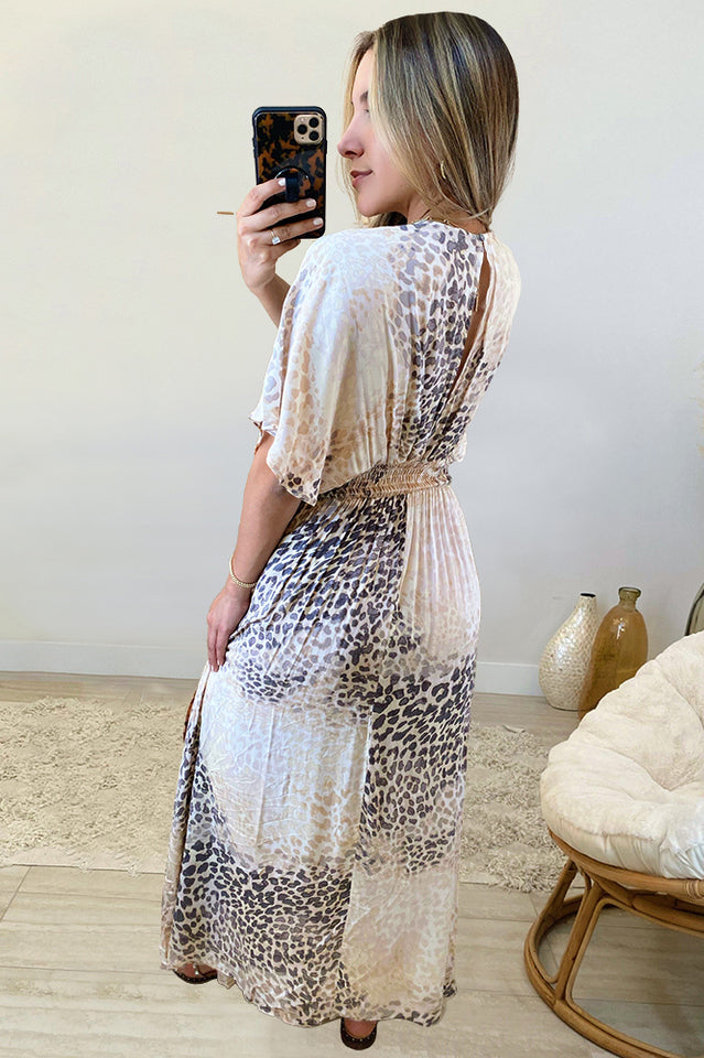 Leopard Print Plunge Neck Kimono Sleeve Slit Maxi Dress 12