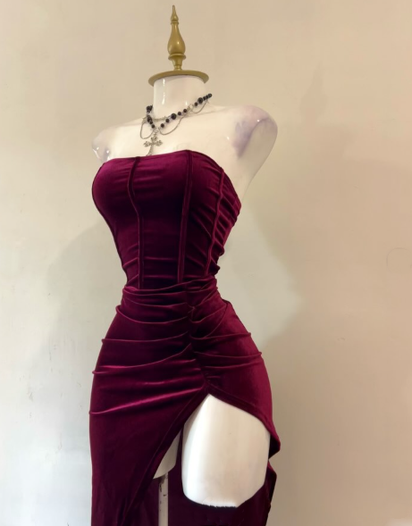 Sexy Strapless Slit Party Dress Burgundy Birthday Dress S268