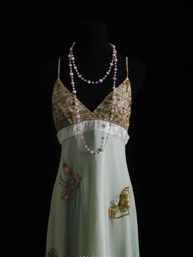 Classy Light Green Spaghetti Straps Chiffon Sequin Beaded Long Birthday Prom Dress Party Gown D1683