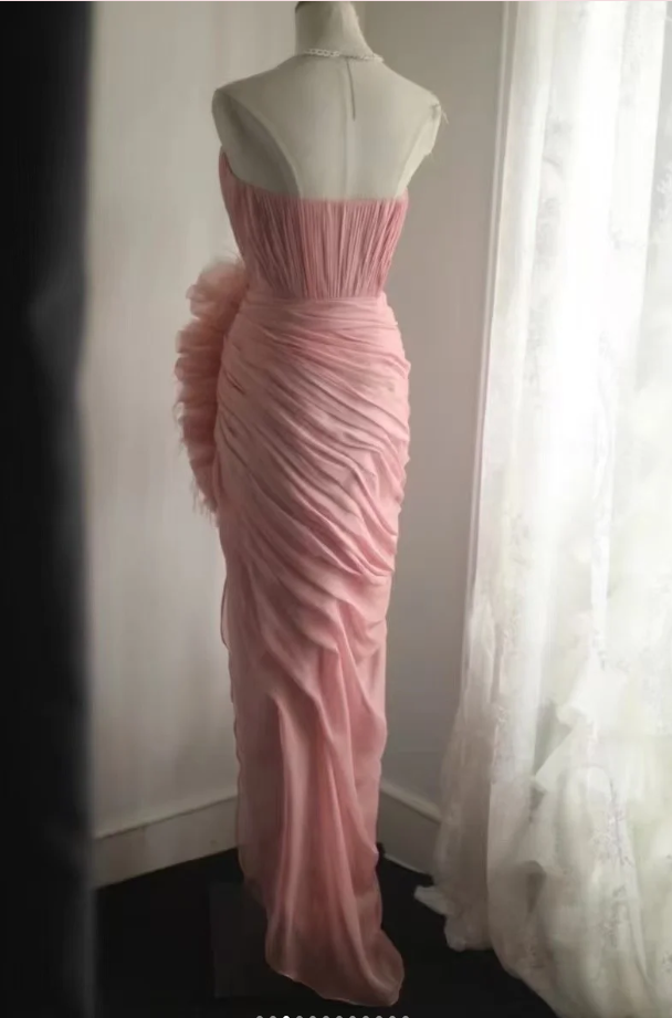 Pretty Pink Strapless Chiffon Pleated Slit Long Party Dress Evening Dress D1270