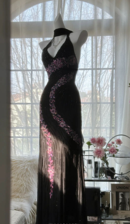 Charming Halter V Neck Black Chiffon Sequin Beaded Mermaid Long Evening Dress Formal Birthday Party Dress D1788