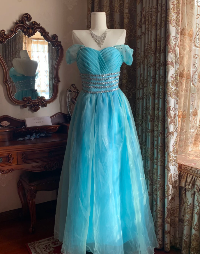 Cute Off The Shoulder Blue Tulle Beaded A Line Princess Party Dress Long Evening Gown D1714