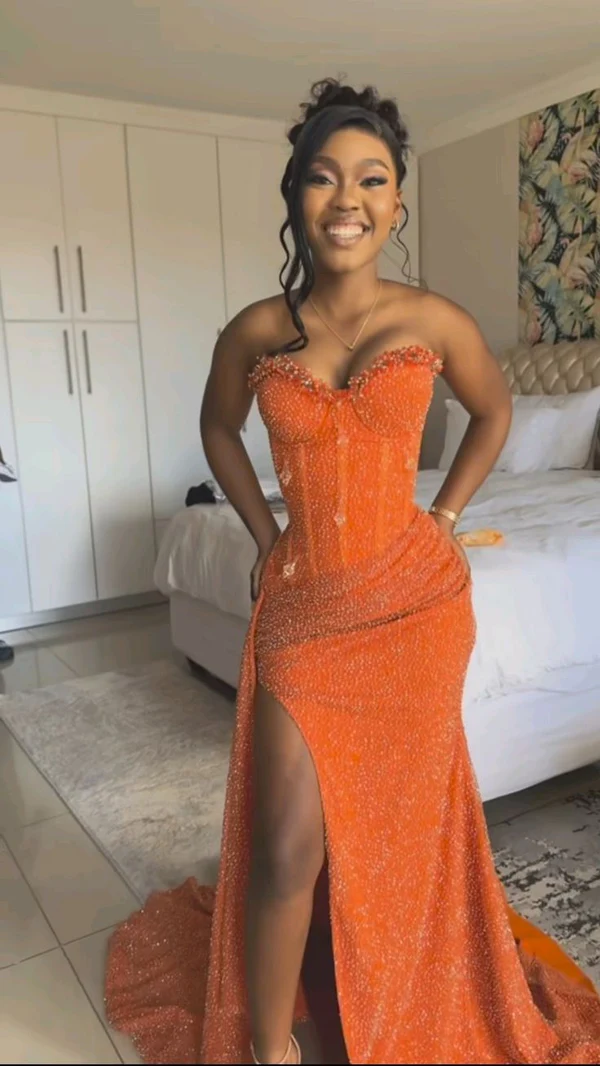Chic Sweetheart Neck Beaded Sequin Slit Mermaid Party Dress Orange Long Birthday Prom Gown D1503