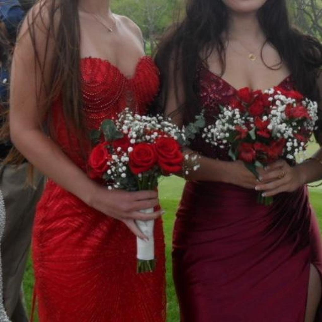 Shiny Strapless Red Satin Beaded Mermaid Evening Gown Formal Birthday Party Dress D1013