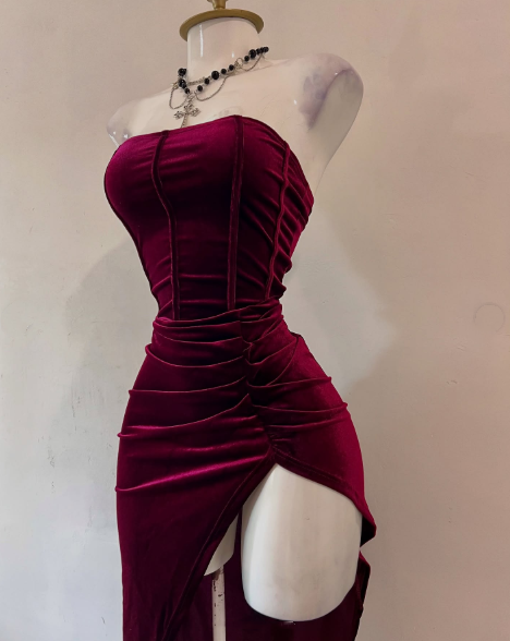 Sexy Strapless Slit Party Dress Burgundy Birthday Dress S268