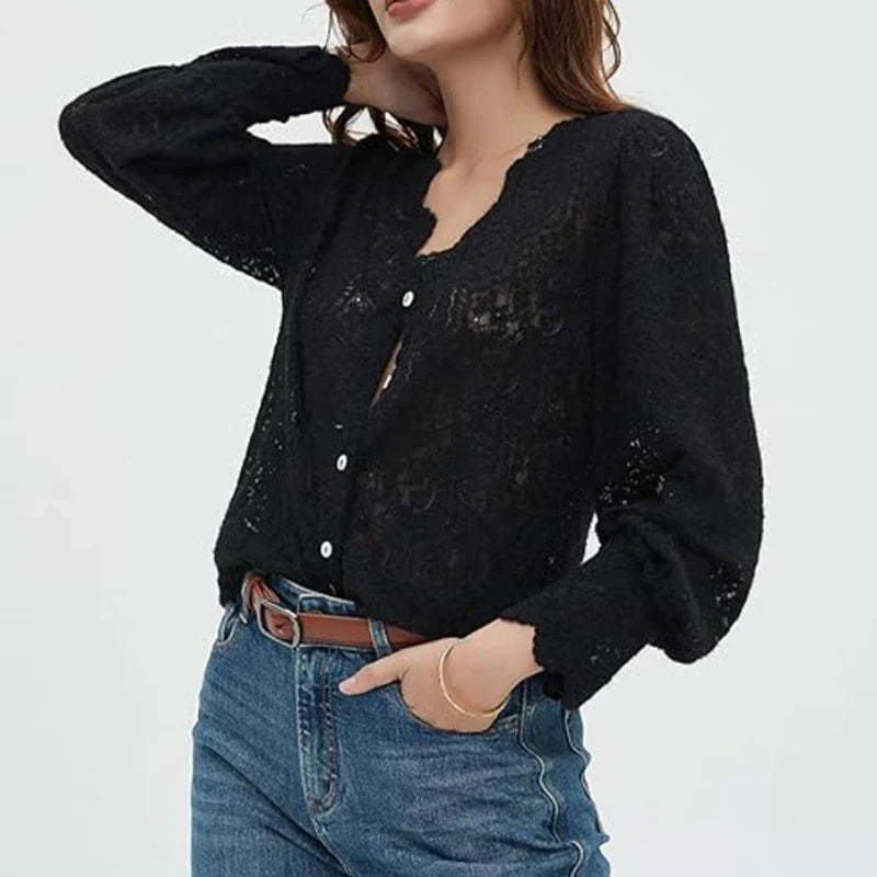 Lace V-Neck Floral Vintage Elegant Long Sleeve Boho Blouse