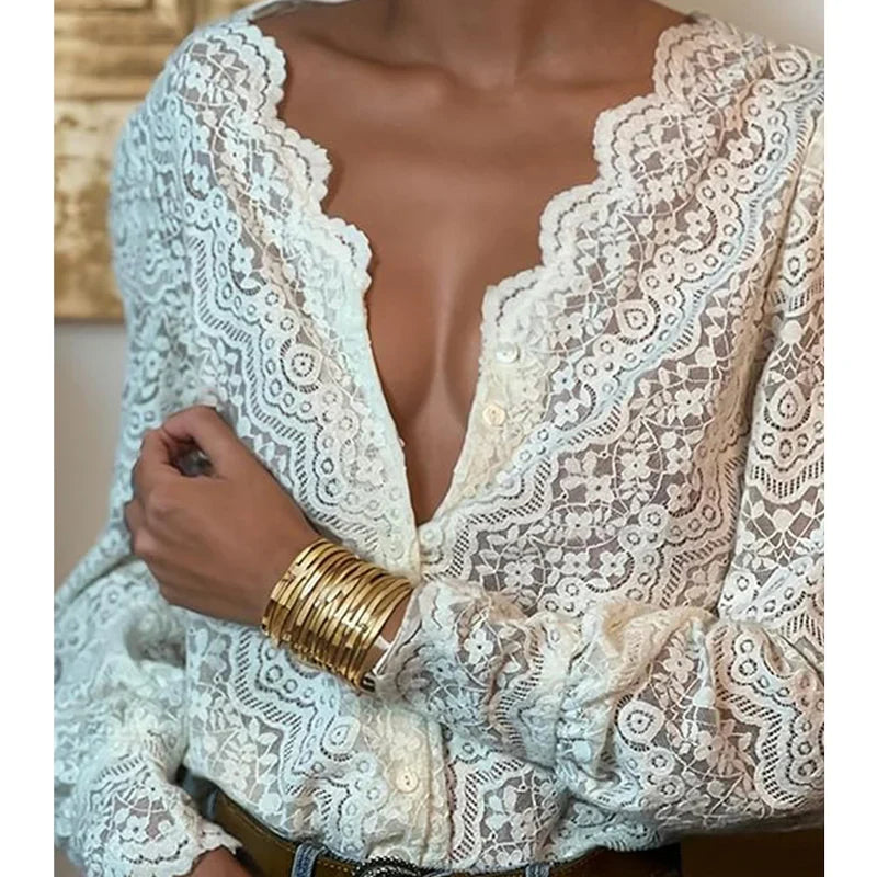 Lace V-Neck Floral Vintage Elegant Long Sleeve Boho Blouse