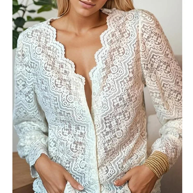 Lace V-Neck Floral Vintage Elegant Long Sleeve Boho Blouse