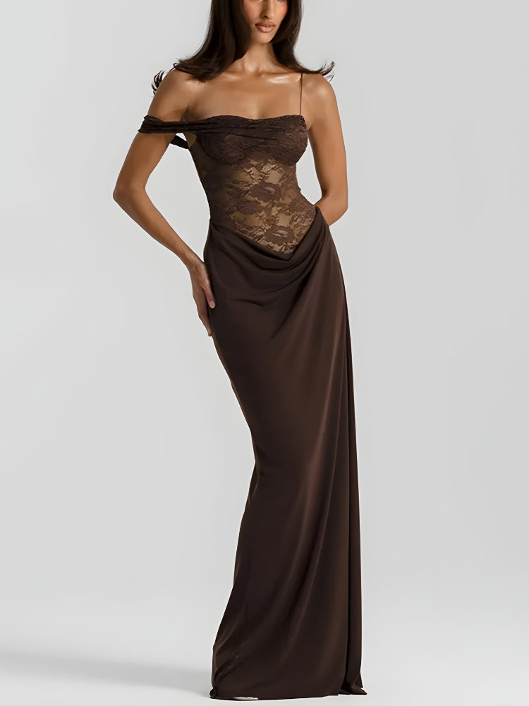 Lace Off-Shoulder Corset Draped Mermaid Maxi Gown