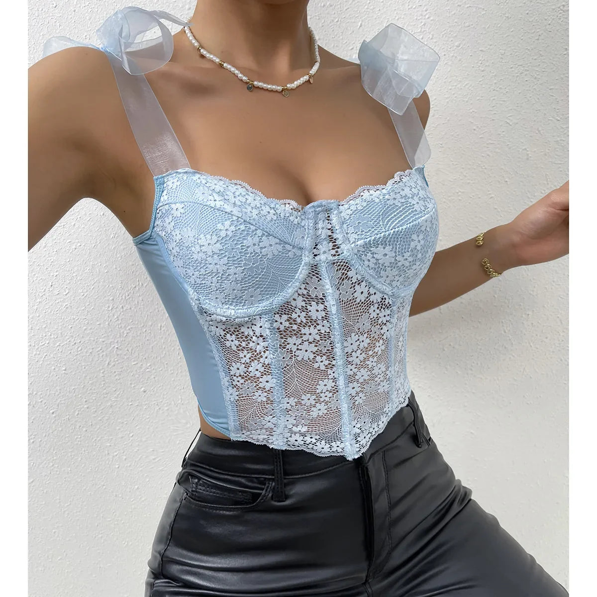 Mesh Bow Floral Corset Fishbone Crop Top