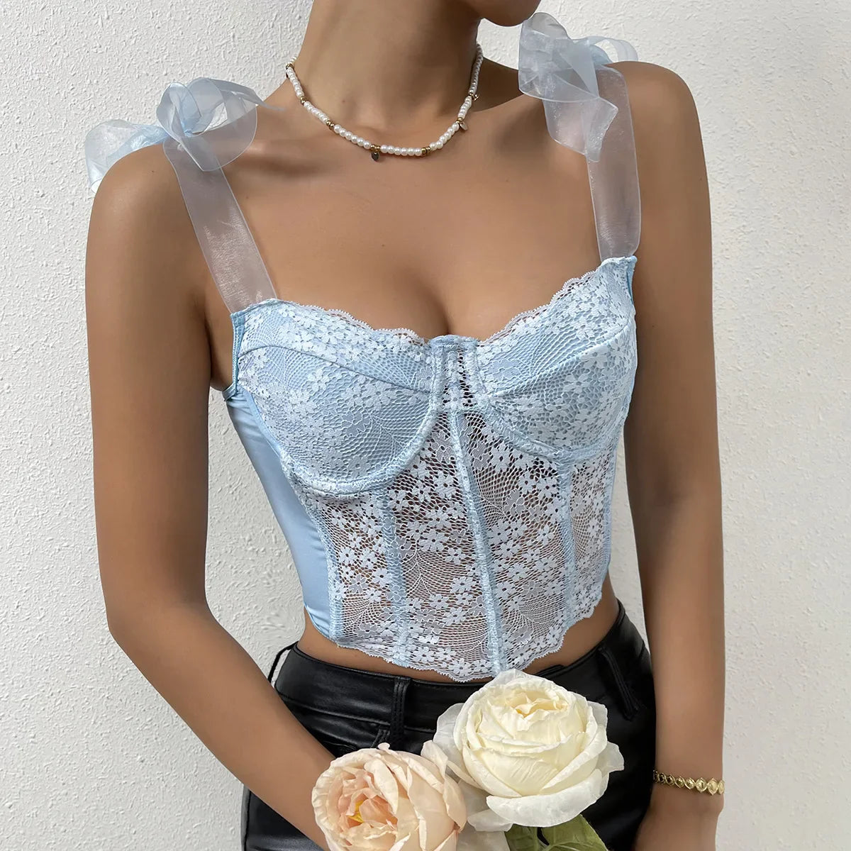 Mesh Bow Floral Corset Fishbone Crop Top