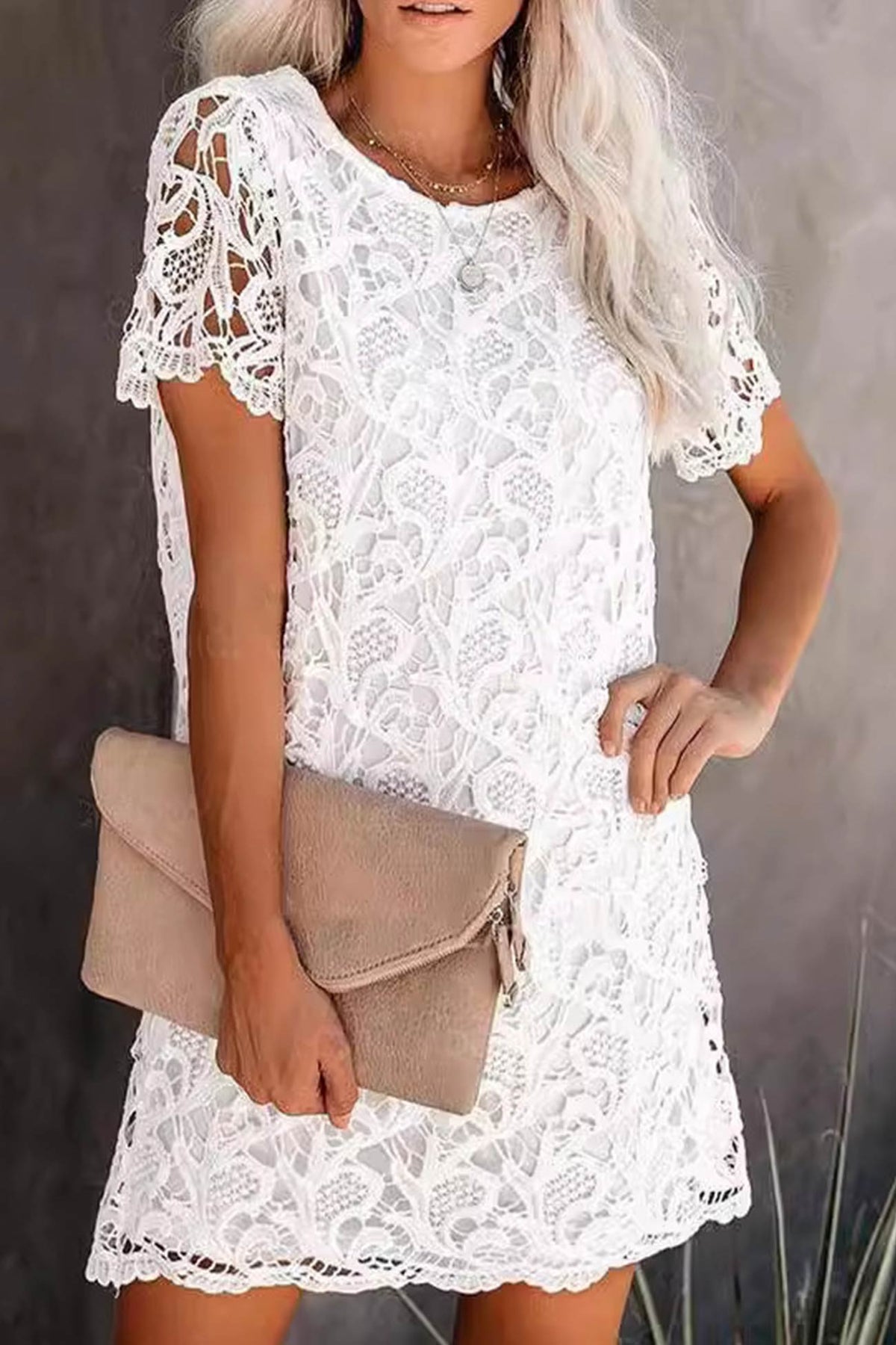 Lace Crew Neck Short Sleeve Mini Dress - View 2