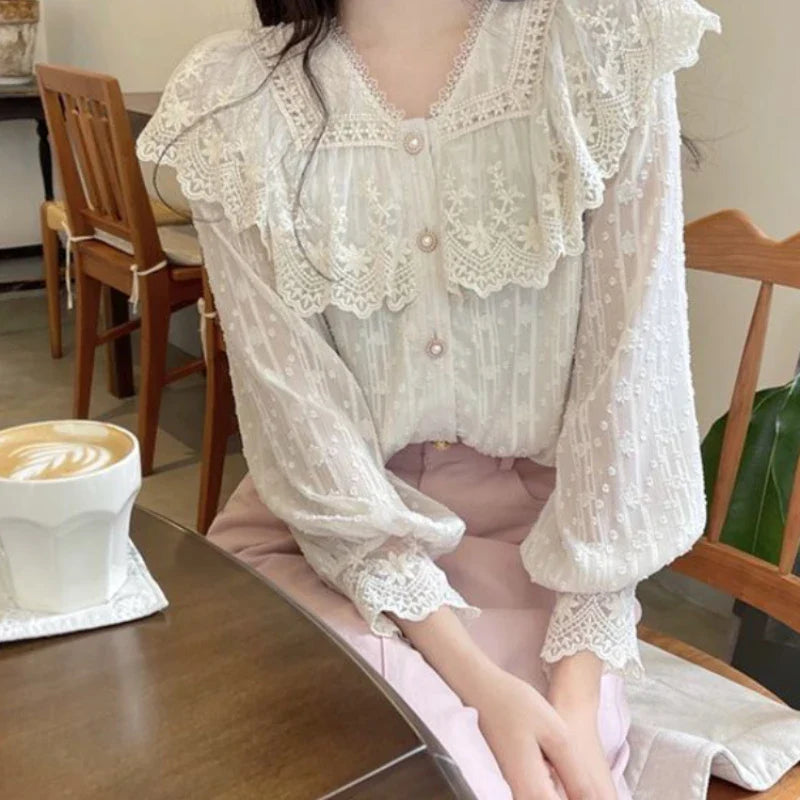 Lace Ruffle Edge Long Sleeve Blouse Sweet Blouse
