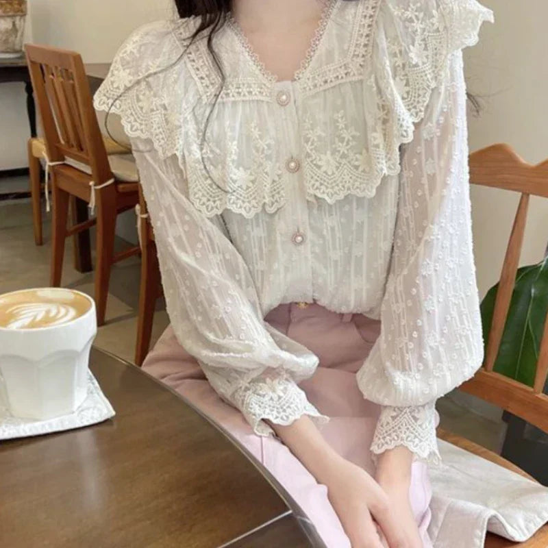 Lace Ruffle Edge Long Sleeve Blouse Sweet Blouse