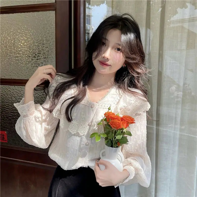 Lace Ruffle Edge Long Sleeve Blouse Sweet Blouse Beige / S blouse-250126