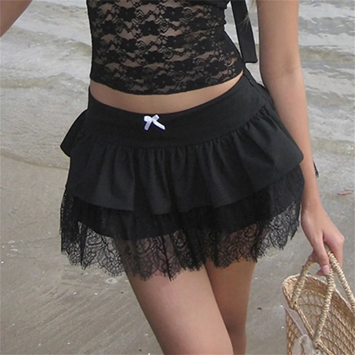 Lace Patchwork Preppy Black Skirt