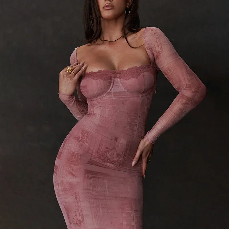 Mesh Square Neck Long Sleeve Lace Trim Bodycon Maxi Dress