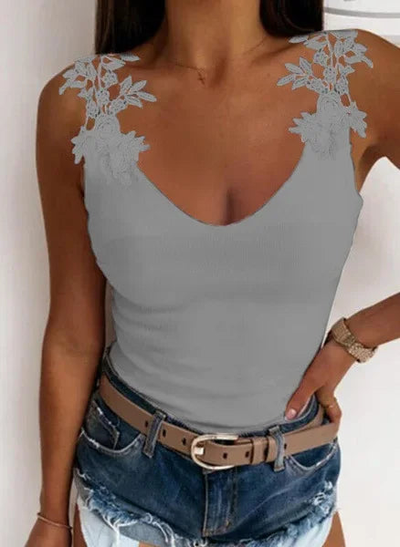 Hollow Lace Petal V-Neck Oversize Casual Slim Fit Tank Top