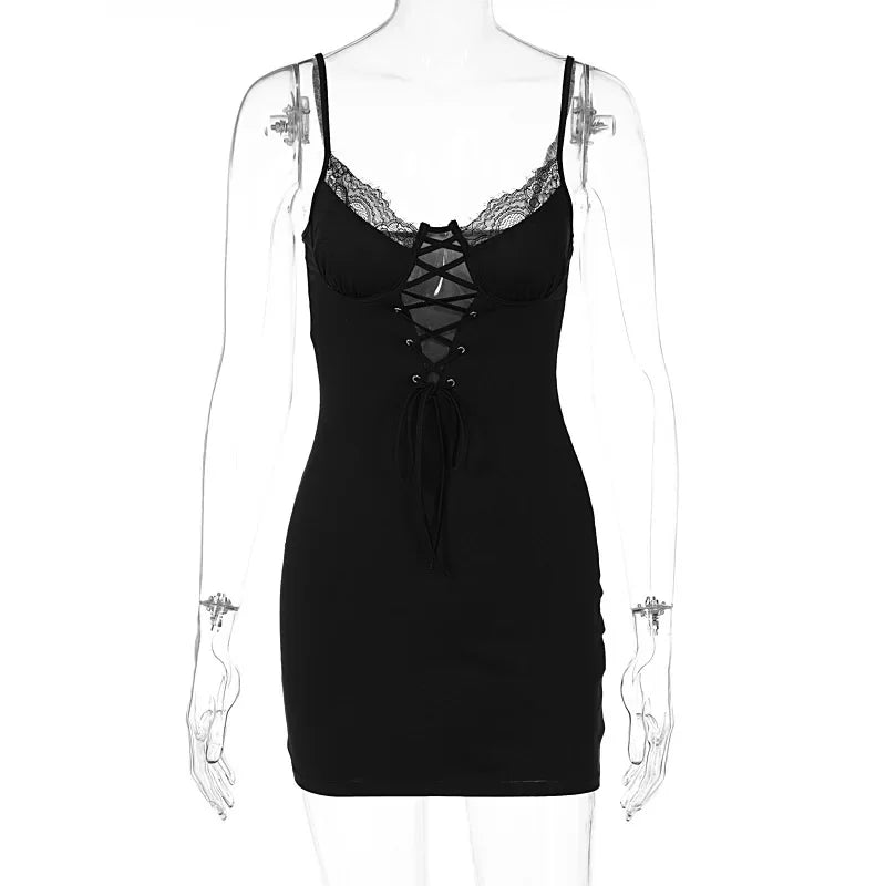 Lace Trim Lace Up Bodycon Mini Dress
