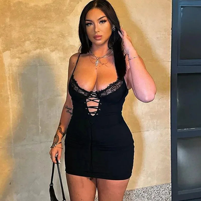 Lace Up Spaghetti Strap Lace Trim Bodycon Mini Dress 4