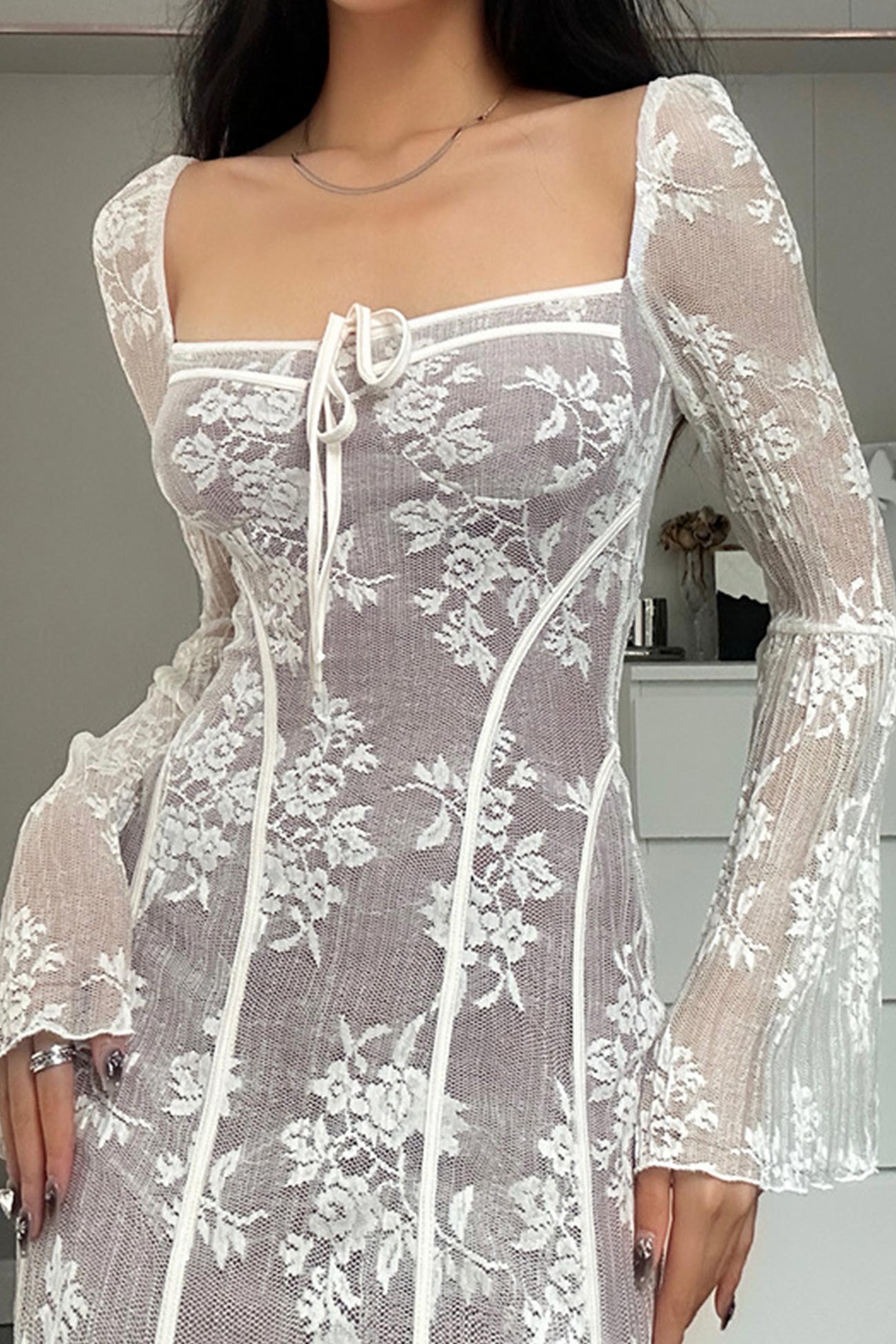 Lace Tie-up Flare Sleeve Midi Dress