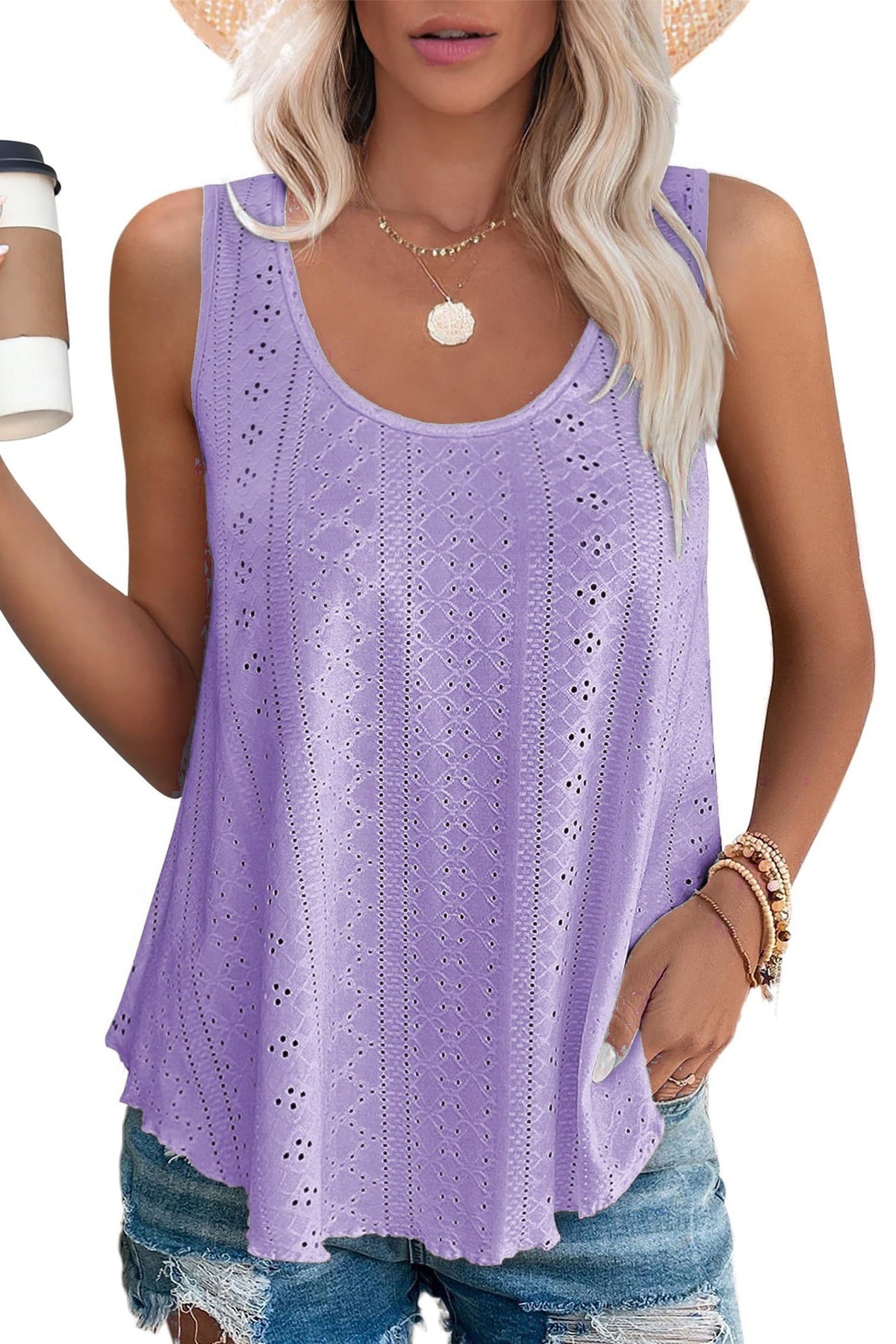 Lilac Lace Top Sleeveless Solid Color Summer T-shirt