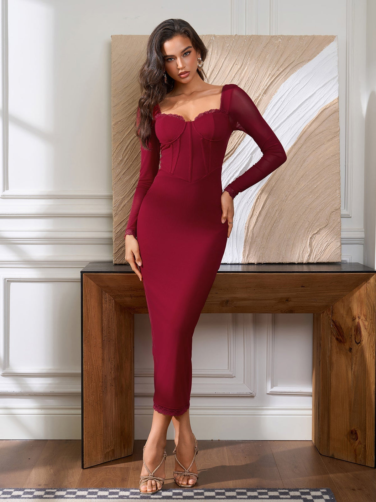 Mesh Corset Sweetheart Lace Trim Long Sleeve Bodycon Midi Dress - View 4