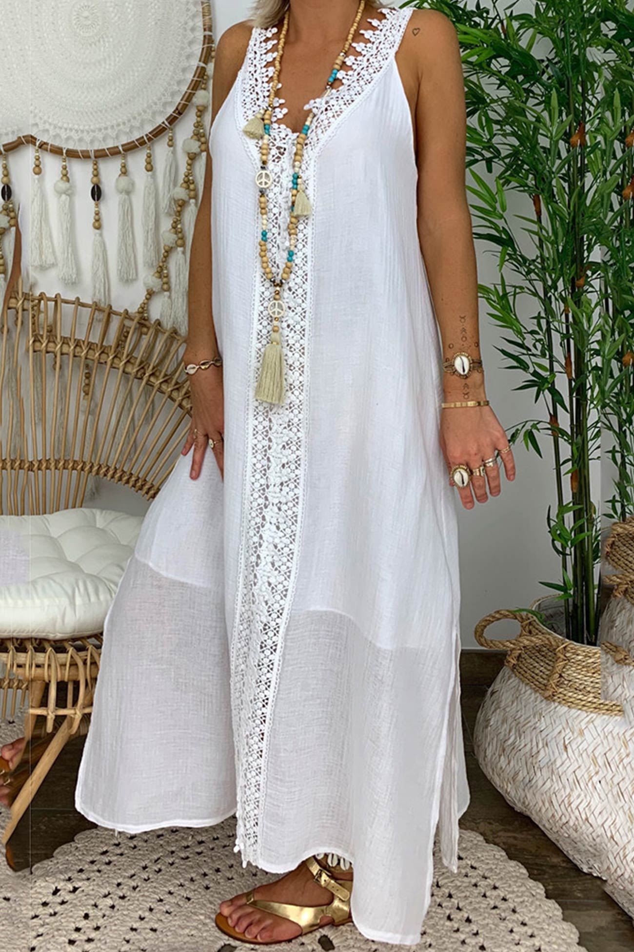 Lace V Neck Slit Tank Dress - Fashionpara