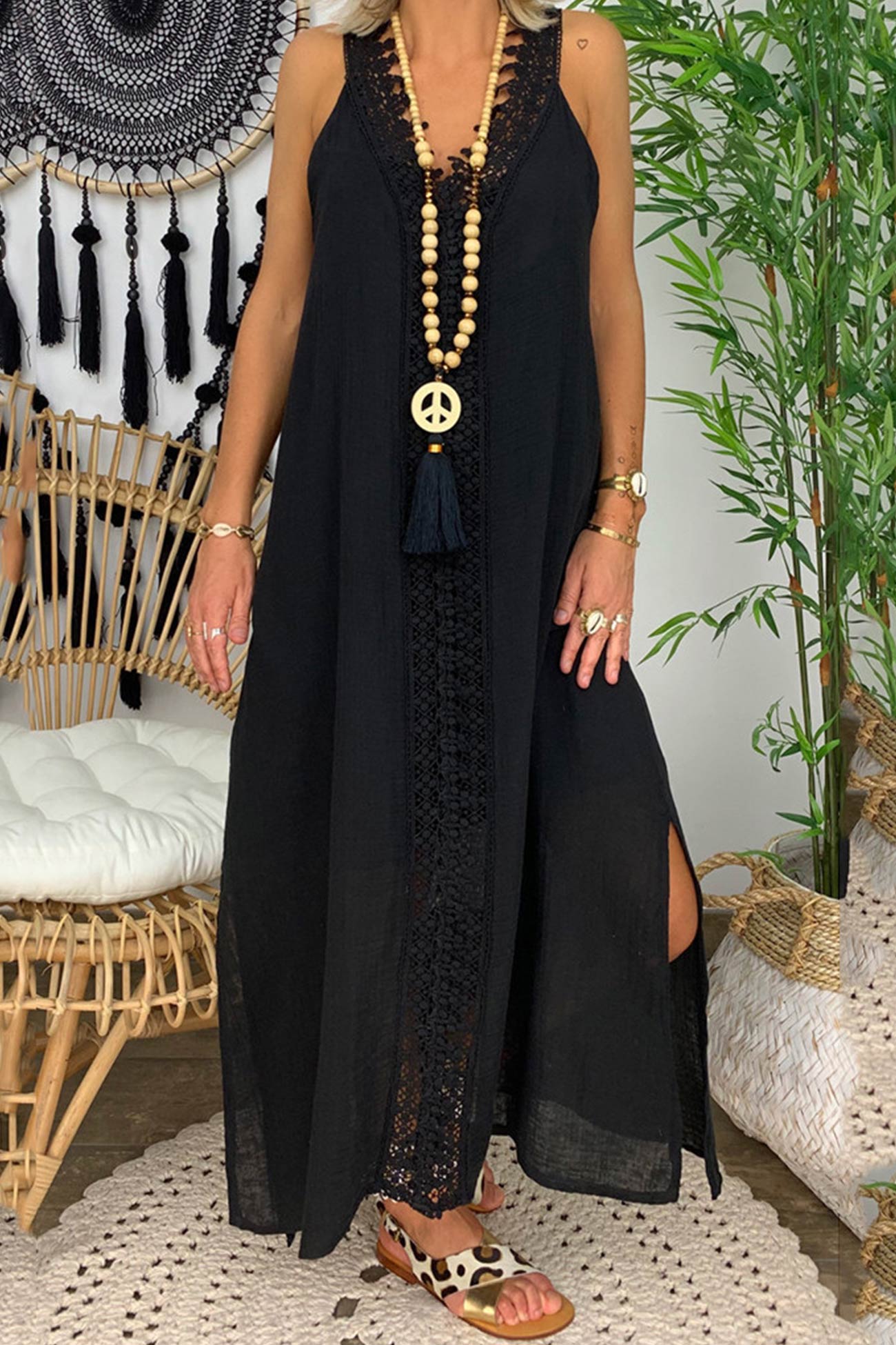 Lace V Neck Slit Tank Dress - Fashionpara