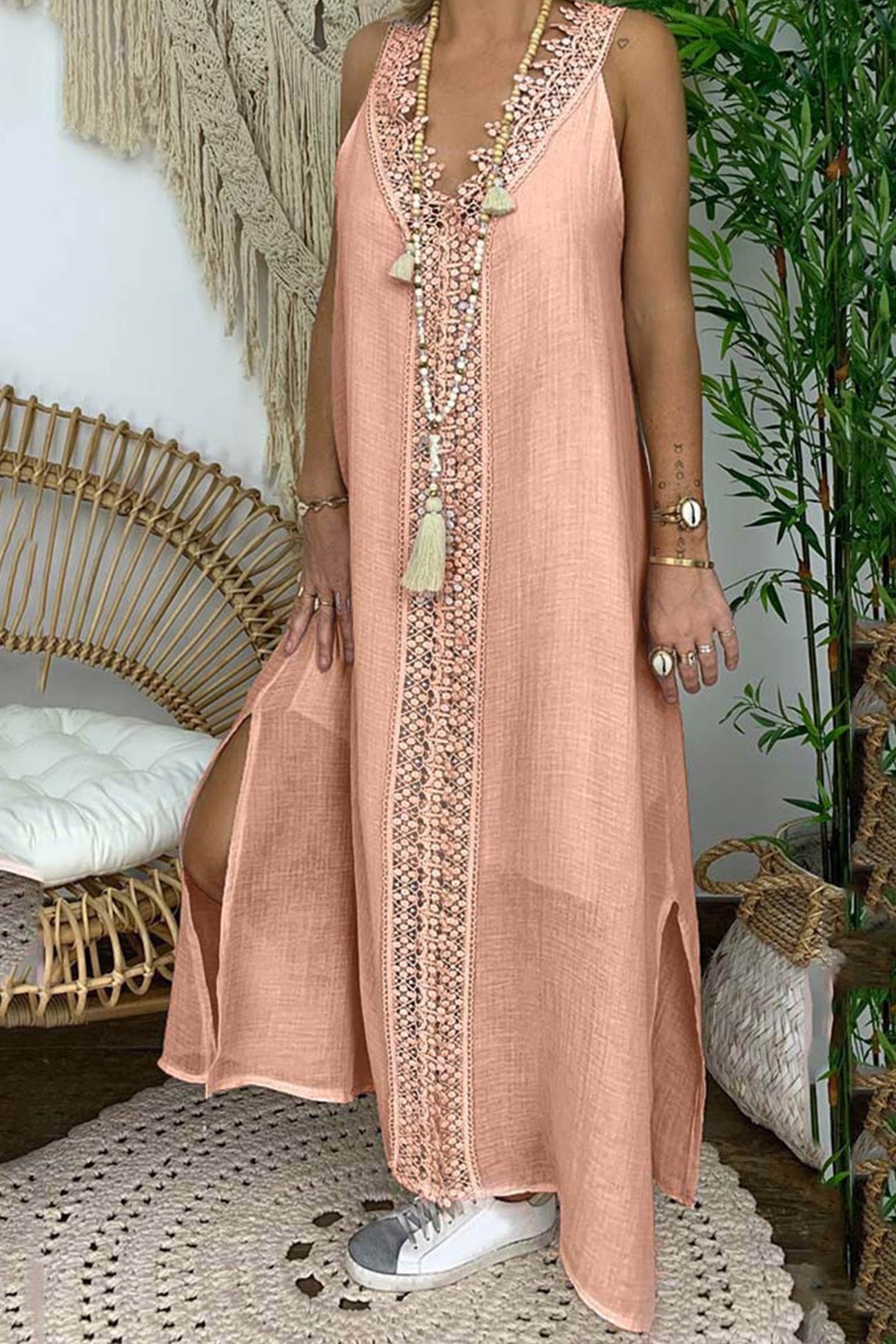 Lace V Neck Slit Tank Dress - Fashionpara