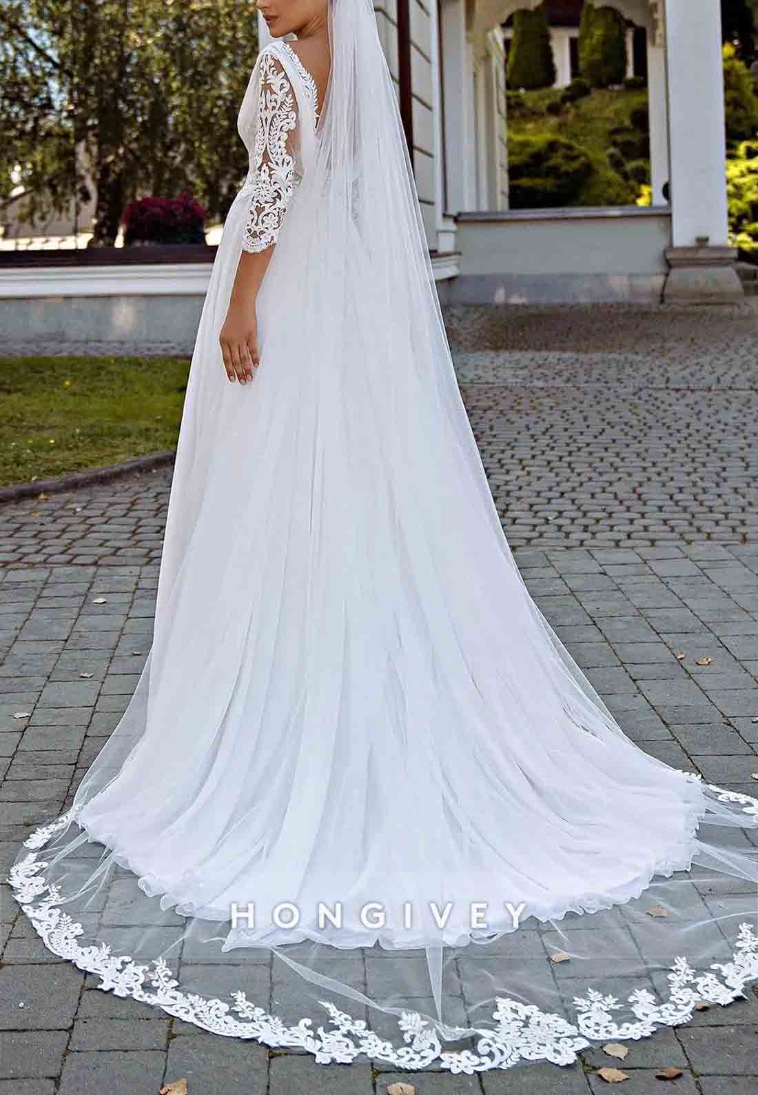 Lace Sweetheart Side Slit Bride Gowns 3/4sleeves A-Line Chiffon Wedding Dresses