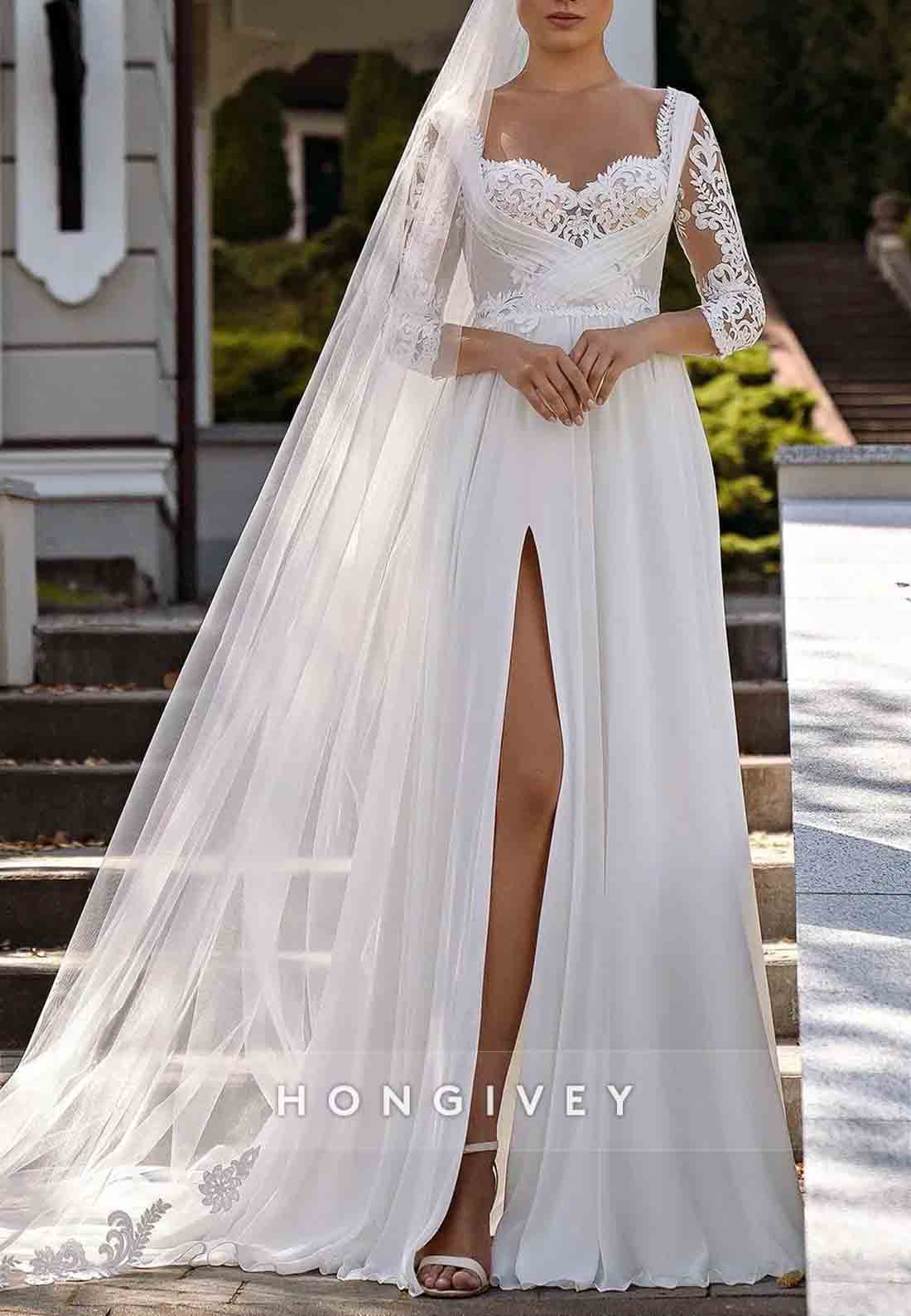 Lace Sweetheart Side Slit Bride Gowns 3/4sleeves A-Line Chiffon Wedding Dresses