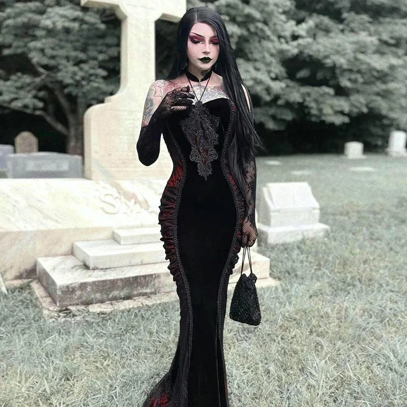 Velvet High Neck Long Sleeve Lace Applique Ruched Mermaid Maxi Gown - View 4