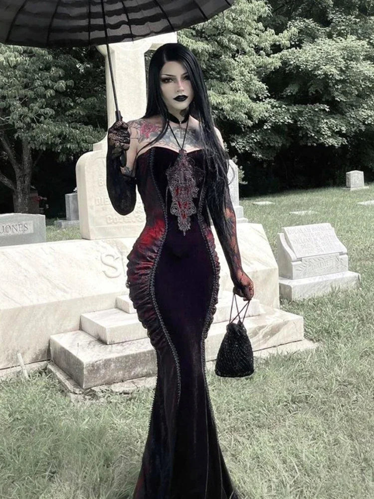 Velvet High Neck Long Sleeve Lace Applique Ruched Mermaid Maxi Gown - View 2