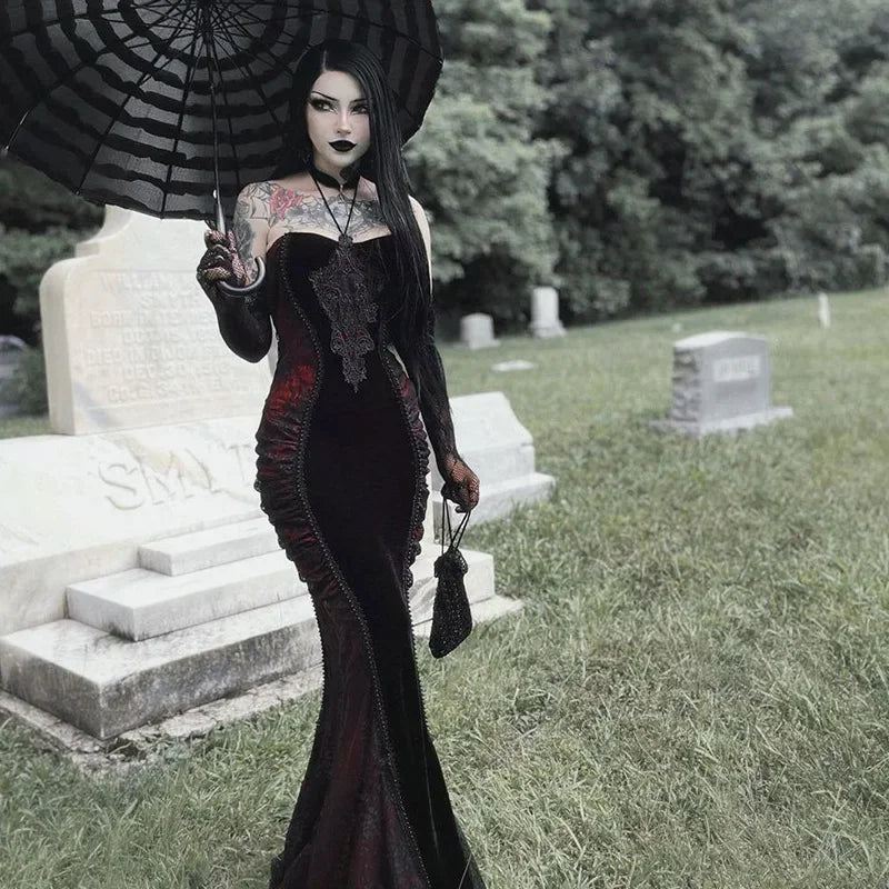 Velvet High Neck Long Sleeve Lace Applique Ruched Mermaid Maxi Gown - View 3