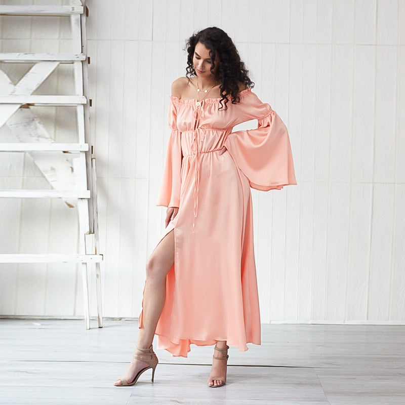 KittenAlarm - Ladies Fashion Strapless Ruffle elastic long Sleeve waist elastic front slit Dress party dress