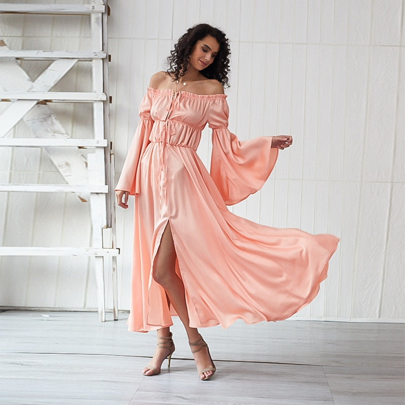 KittenAlarm - Ladies Fashion Strapless Ruffle elastic long Sleeve waist elastic front slit Dress party dress