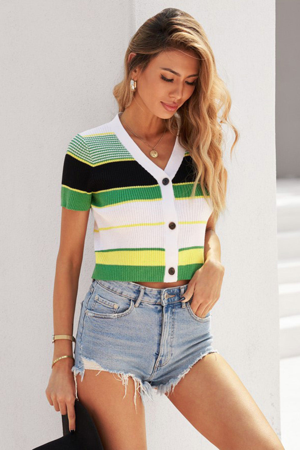 KittenAlarm - Ladies Green Colorblock Knitted Crop Top