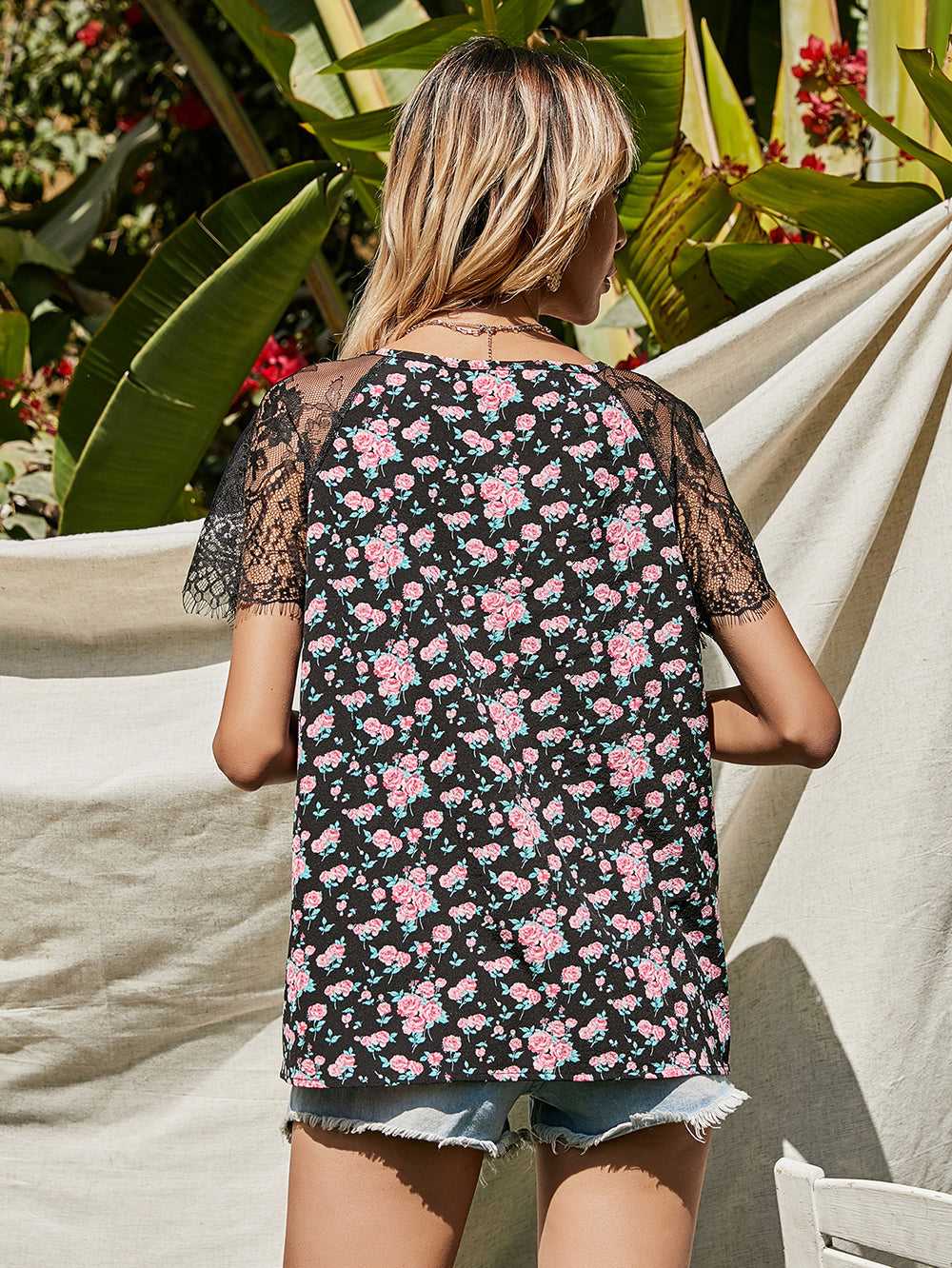 Ladies Lace V-neck tie Blouse Stitching Printed Short-sleeved T-shirt - Fashionpara