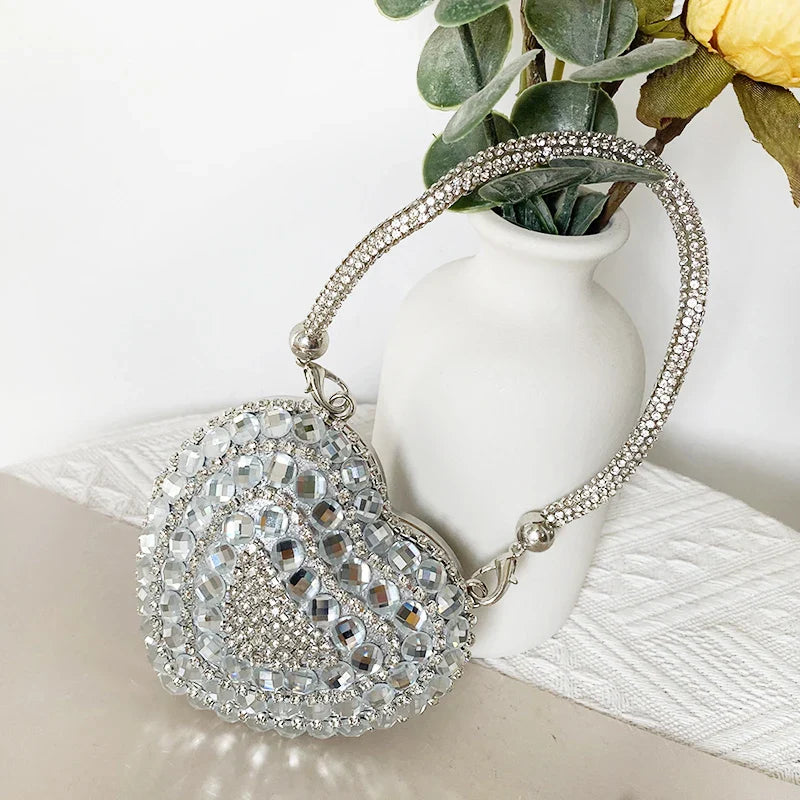 Heart Shape Sparkling Diamond Clutch Bag