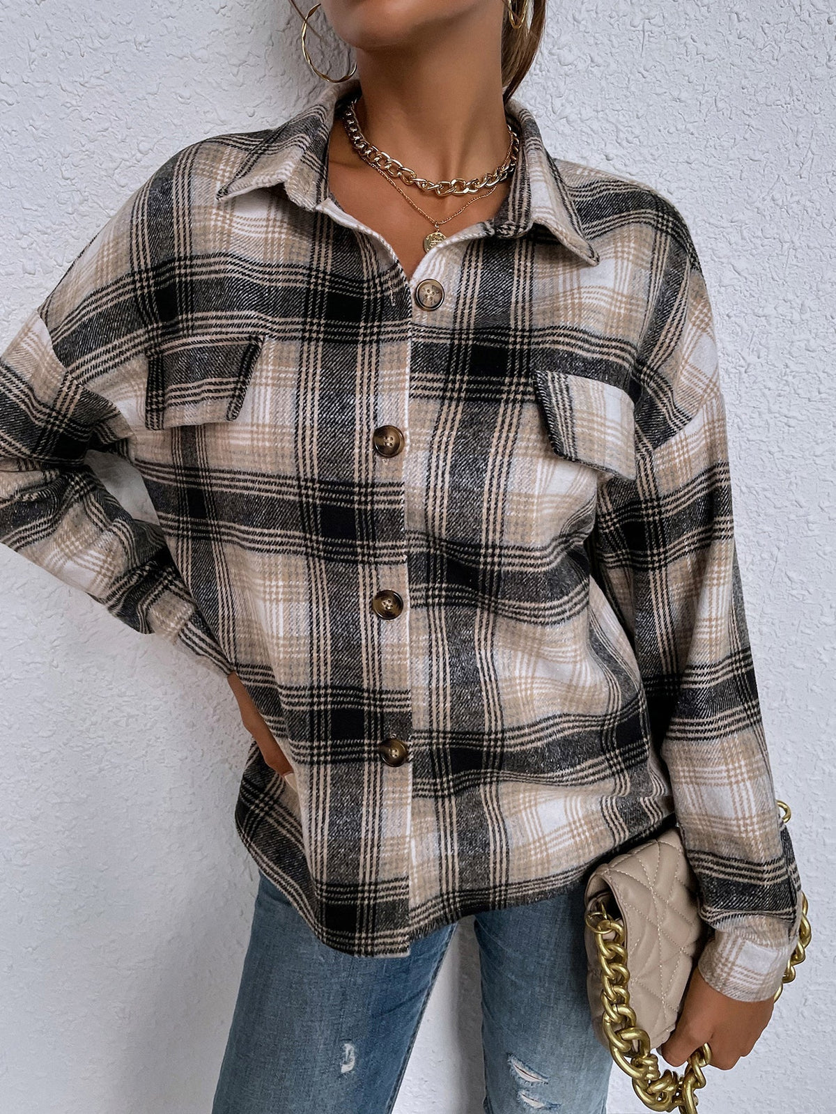 KittenAlarm - Ladies New Lapel Casual Long Sleeve Plaid Shirt