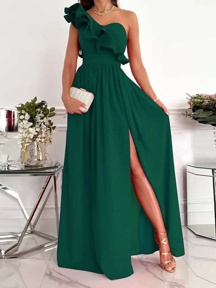 Off Shoulder Diagonal Collar Ruffle Hem Evening Maxi Dress - View 2