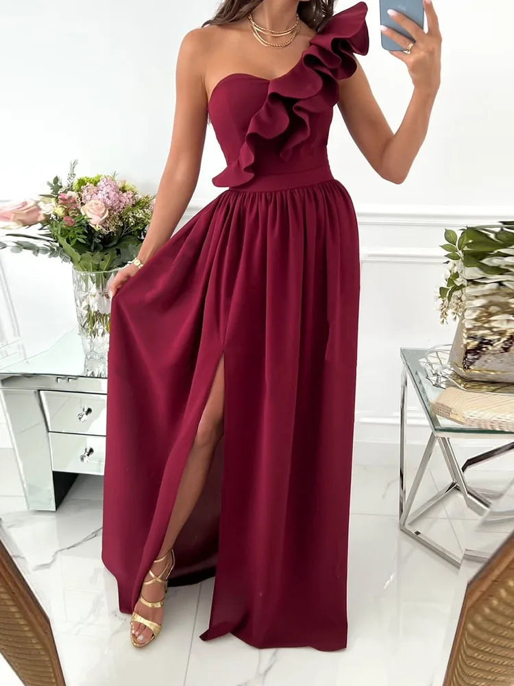 Off Shoulder Diagonal Collar Ruffle Hem Evening Maxi Dress - View 4