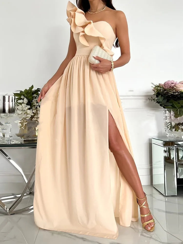 Off Shoulder Diagonal Collar Ruffle Hem Evening Maxi Dress - View 3