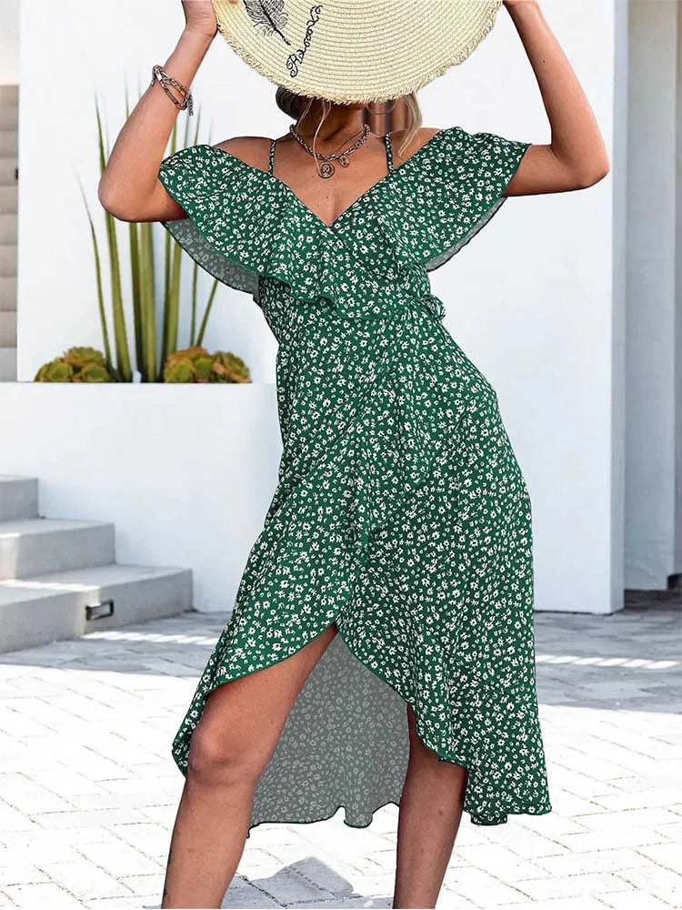 Ditsy Floral Cold-Shoulder Ruffle Wrap Midi Dress 4