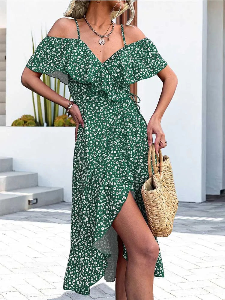 Ditsy Floral Cold-Shoulder Ruffle Wrap Midi Dress 7