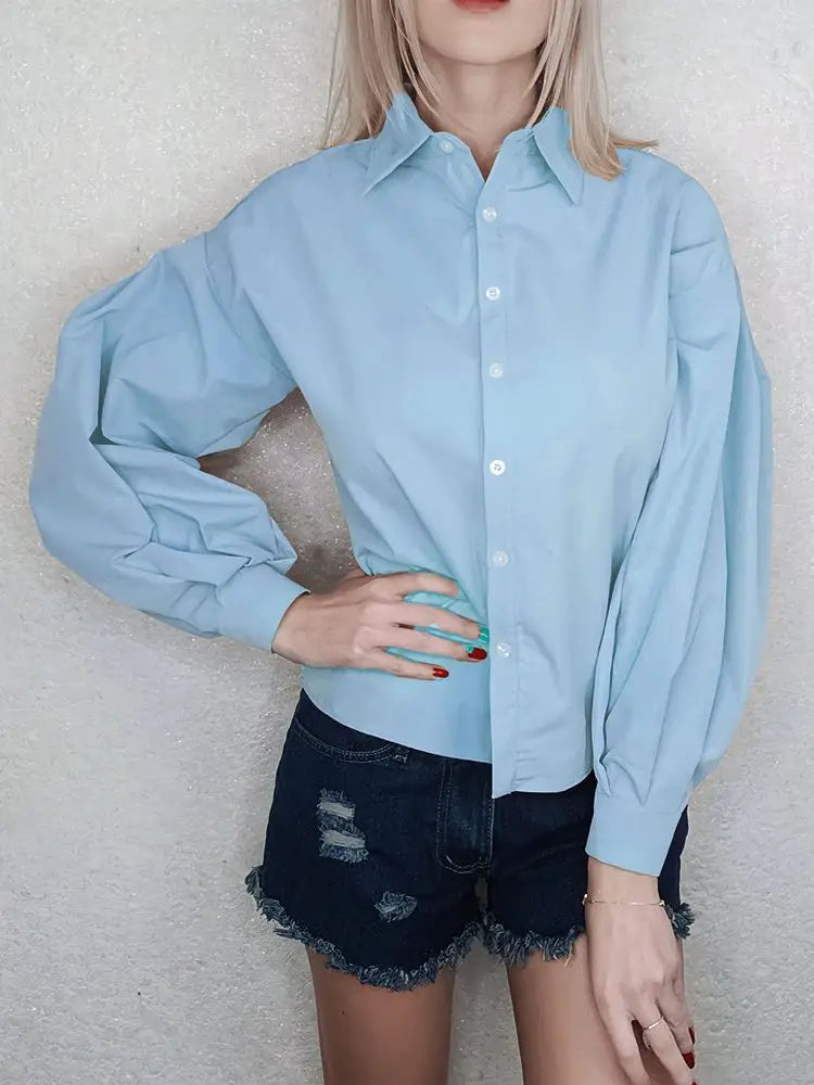 Lantern Sleeve Button Collar Blouse